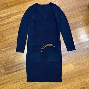The Limited Sweater Dress Womens Medium Navy Wool Knit‎ Ribbed Pockets Tie Waist